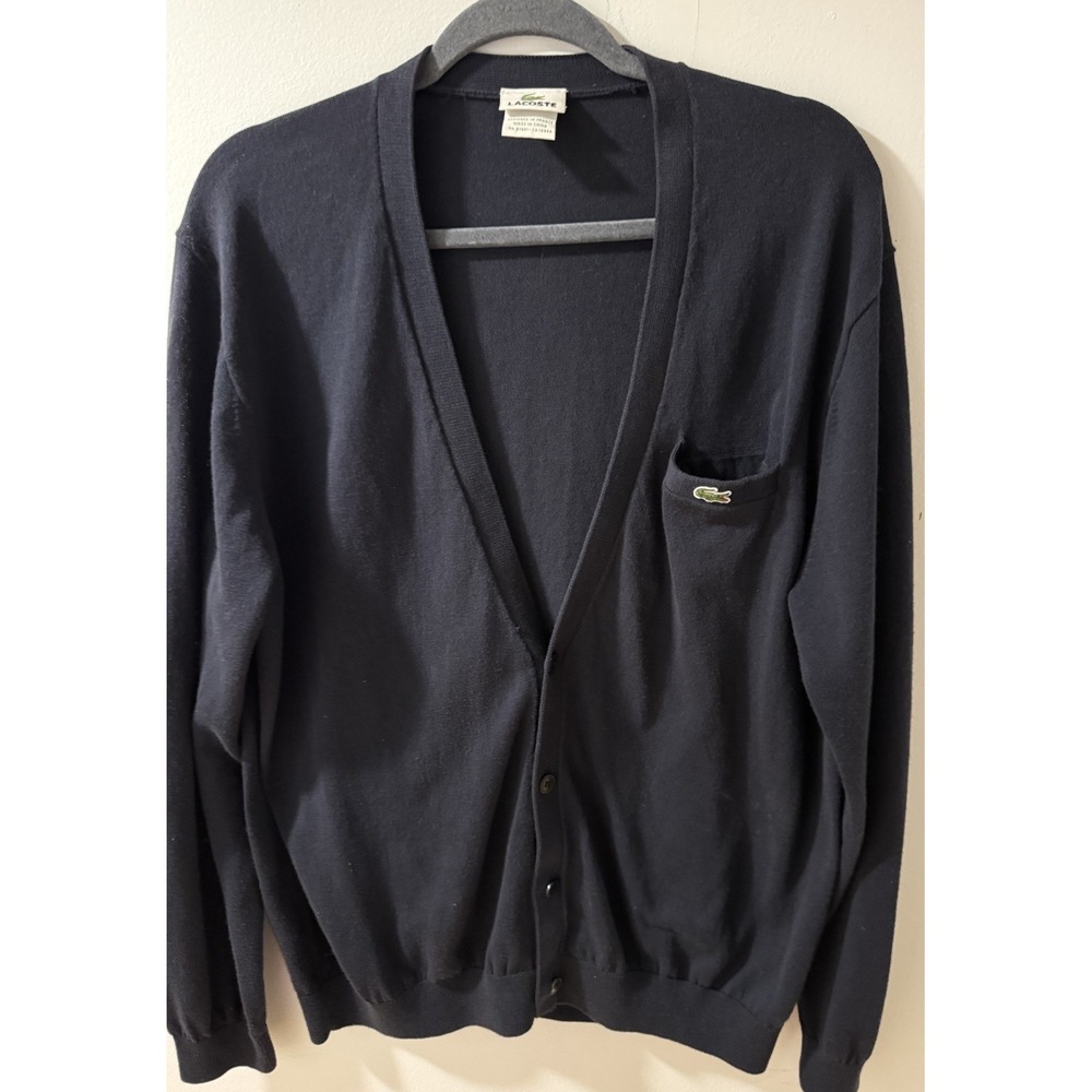 Vintage‎ Lacoste Knit Cotton Lapel Pocket Cardigan France Navy Blue Sz-6/Lg